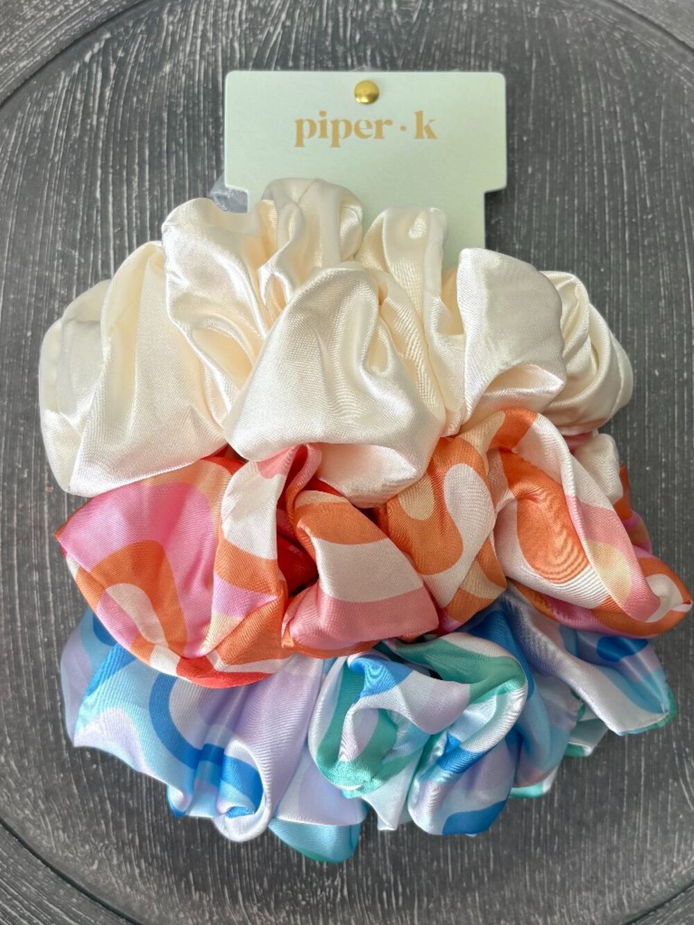 NWT - Piper K - Set of 3 - Hair Scrunchies - Cream, Orange/Pink, Blue/Aqua Swirl